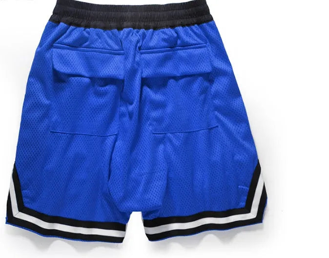 Men's elastic waist baggy sports shorts with zip fly, front view, black colour