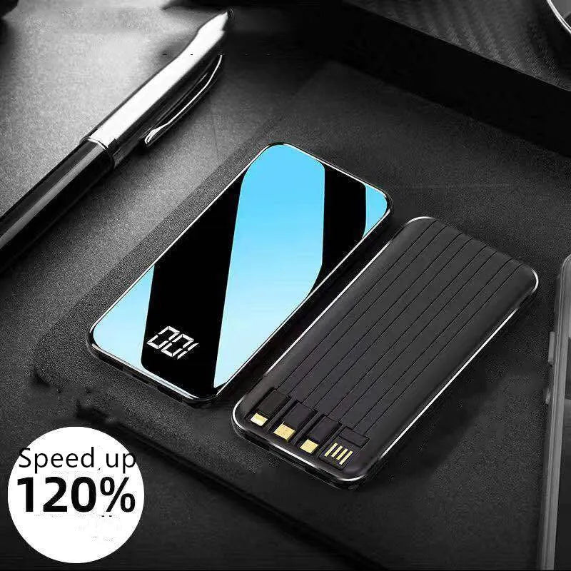 Portable power bank with digital display showing battery percentage, surrounded by USB, Micro USB, Type-C, and Lightning cables.
