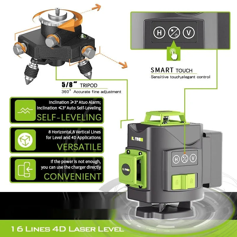 Green 16-line 3D self-levelling laser level with nylon case on a workbench.