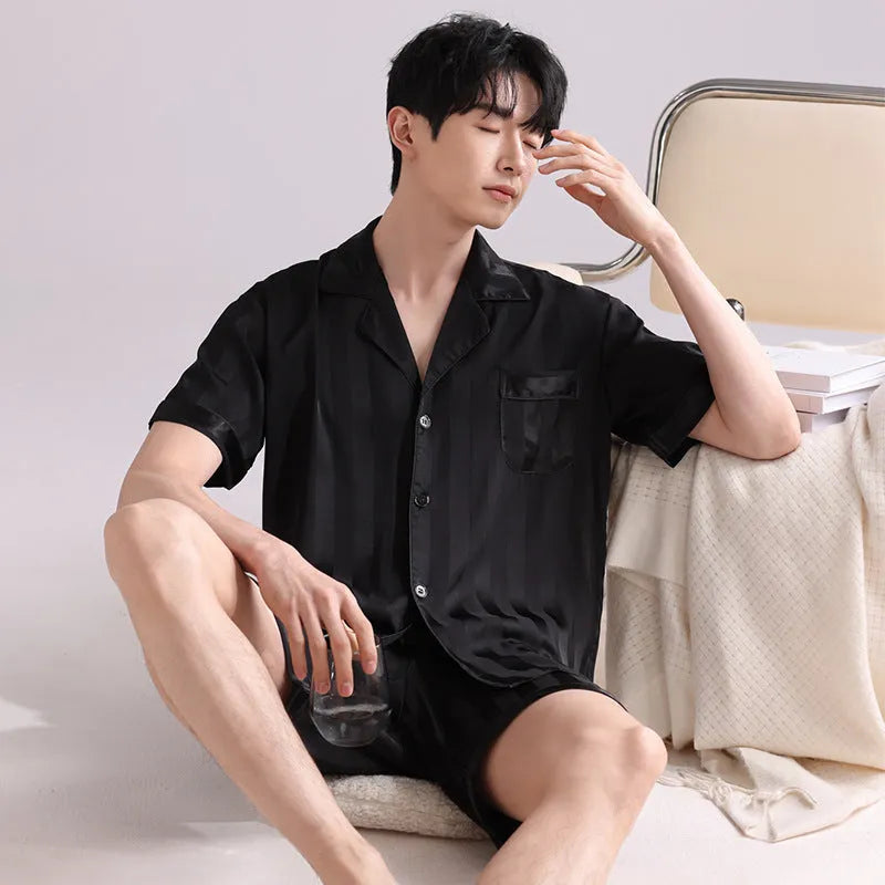 Men's artificial silk cardigan pajama set in satin jacquard plaid pattern with shorts