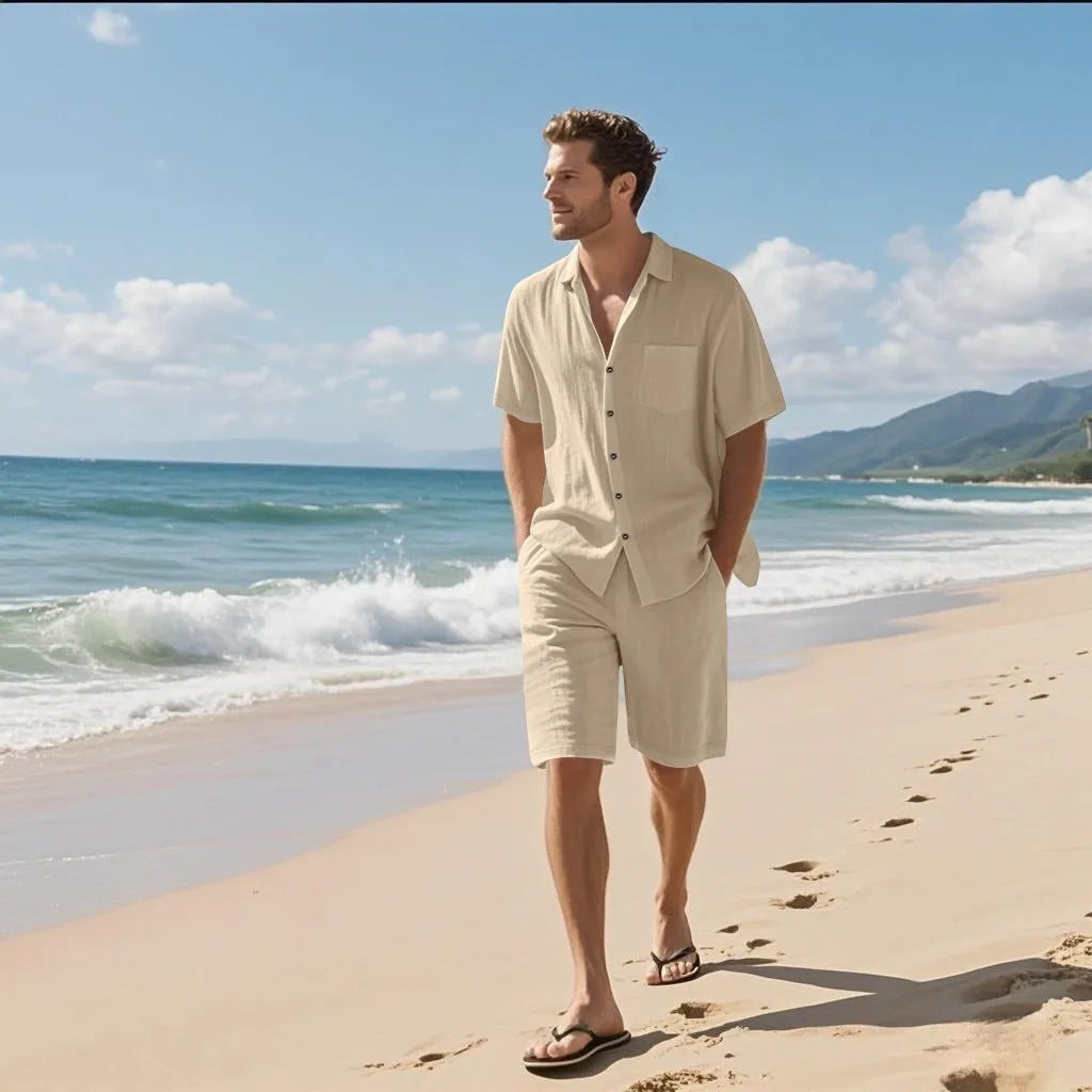 Linen blend short sleeve shirt and shorts casual beach suit set shown in khaki colour.