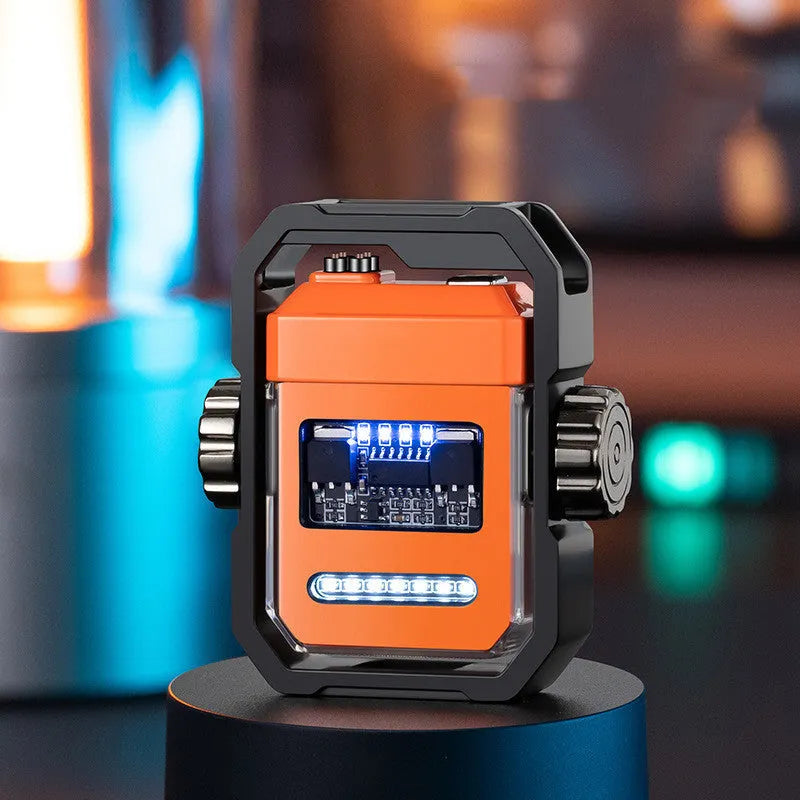 Zinc alloy windproof double arc electric lighter with folding body and rotary gyroscope in five colours blue orange black nickel
