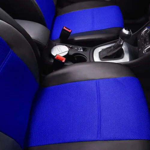 Set of black artificial leather car seat covers for front and back seats, shown with installation hooks.