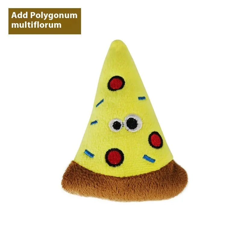 Six polygonum multiflorum catnip chew pillows in food designs including burrito, pizza, and pineapple