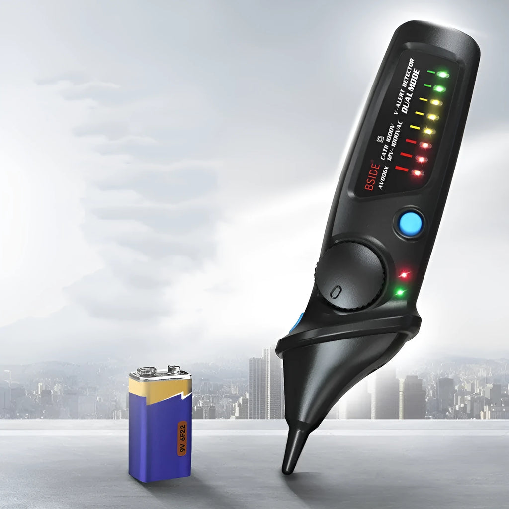 Smart sensor electrical test pencil with a long insulated round tip and LED indicator light.
