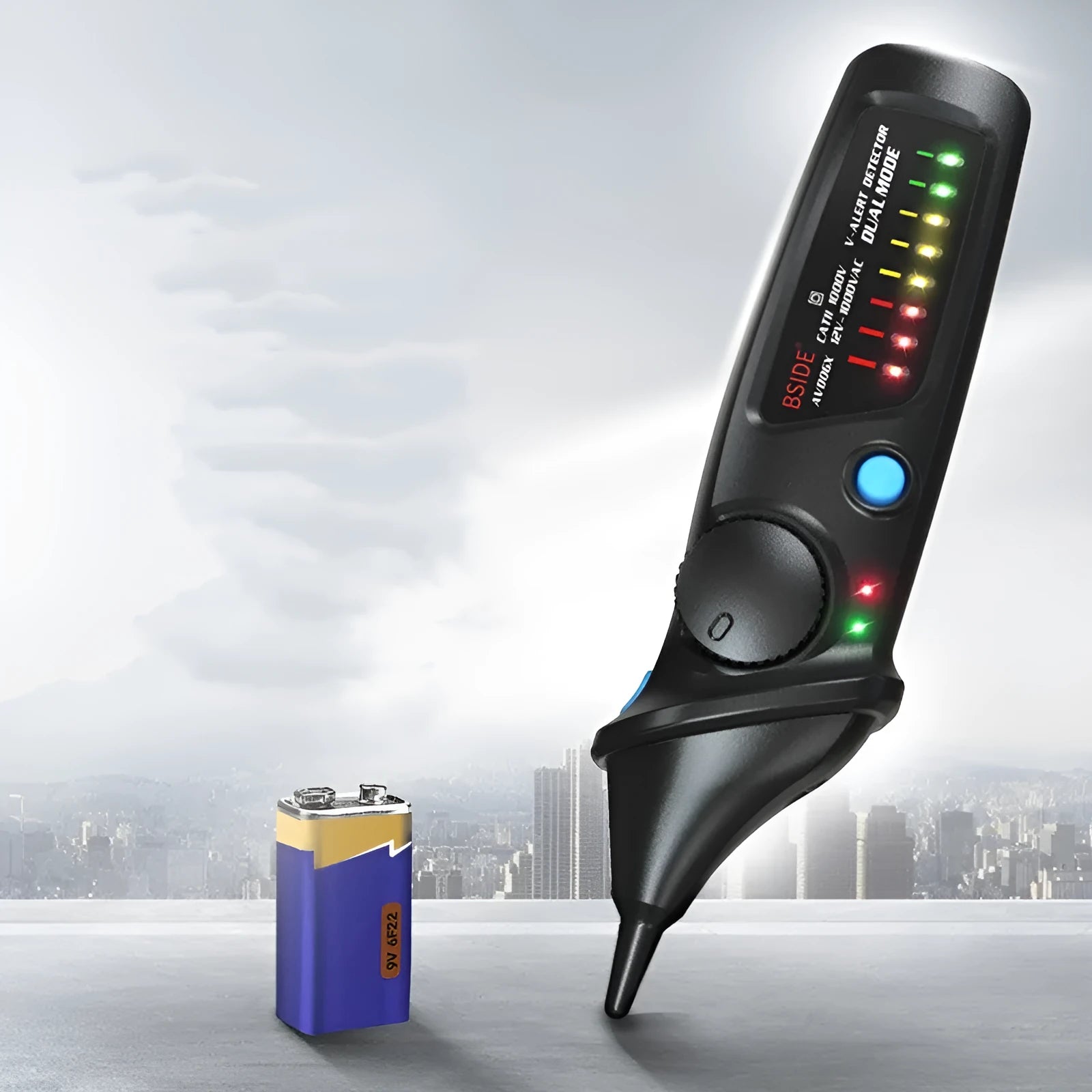 Smart sensor electrical test pencil with a long insulated round tip and LED indicator light.