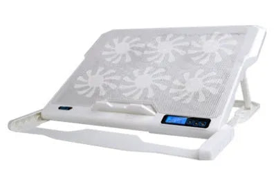 Laptop cooling board with metal mesh construction and LCD display showing speed controls