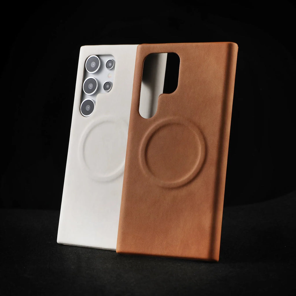 Frosted PU leather pattern phone case for Samsung Galaxy S25 Ultra and Galaxy S25, shown in black, brown, chocolate, gray, and white.