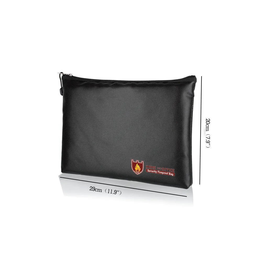Black fire-proof document bag with a zip closure, shown in small, medium, and large sizes.