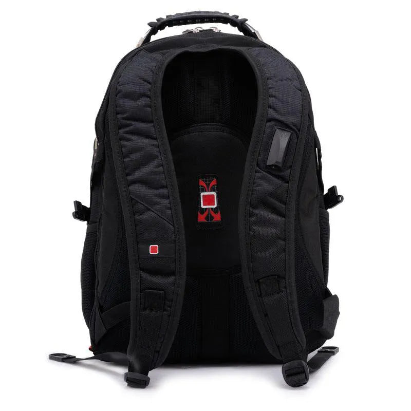 Black business computer backpack showing three compartments and laptop storage