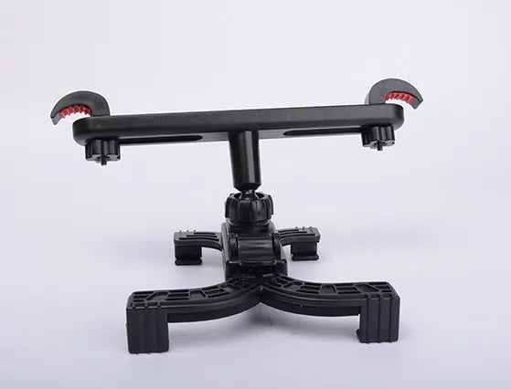 Black universal rotating tablet holder mounted on a car headrest, showing adjustable bracket.