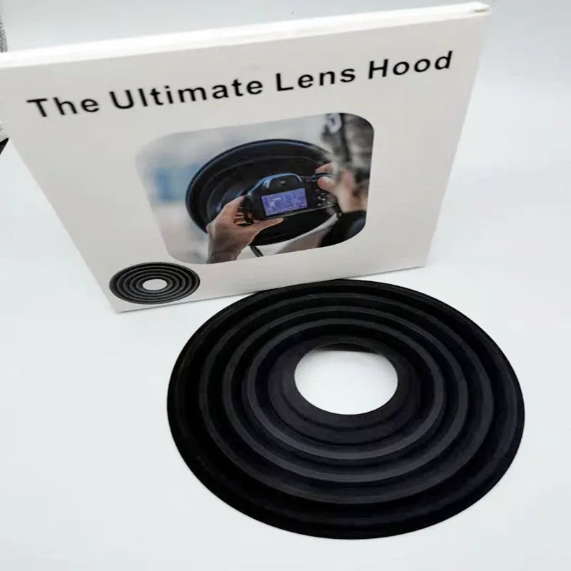 Black round anti reflective silicone lens cover for SLR cameras, 21cm diameter, 6.2cm lens opening, sizes L and S