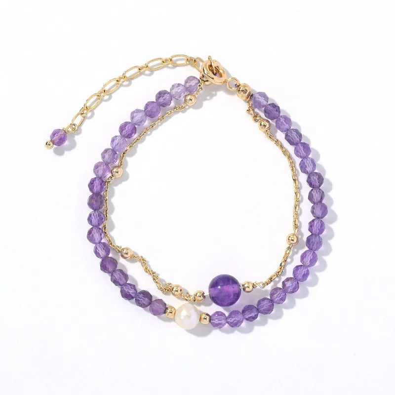 Chinese style women's bracelet with diamond-shaped amethyst crystal beads and electroplated metal clasp
