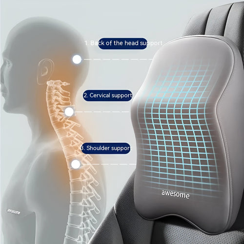 Car headrest and lumbar support pillow set in one of four colours: black, gray, blue, or pink, with memory foam filler.