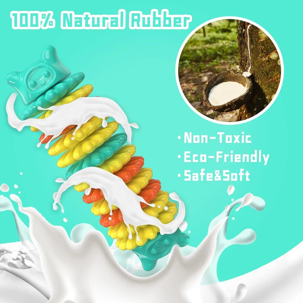 Blue green pink rubber caterpillar shape dog chew toy for aggressive chewers on a white background.