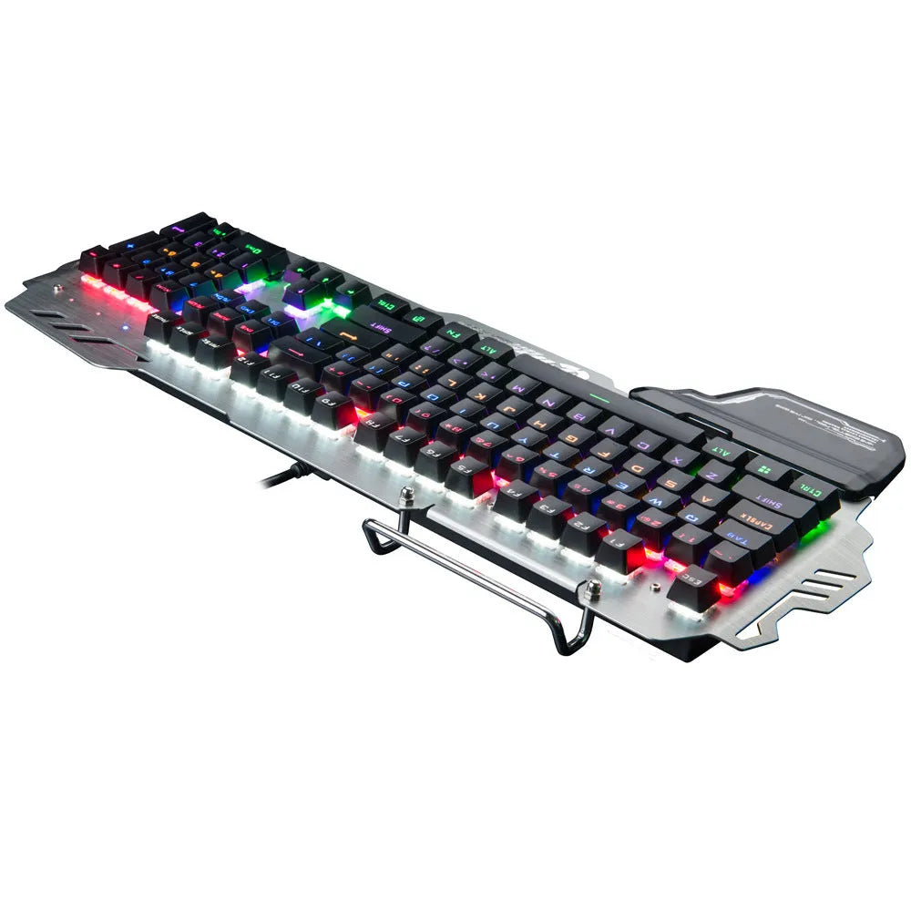 Green Axis silver metal gaming keyboard with integrated wrist splint measuring 55cm length