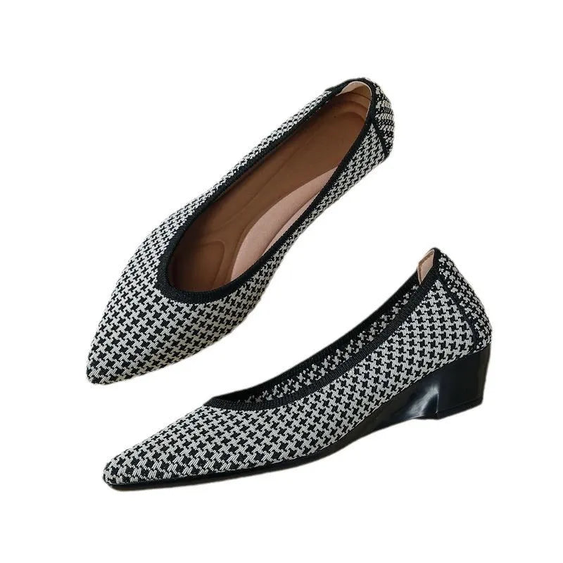 Women's flat wedge pumps with a mesh upper and pointed toe in a leopard print pattern.