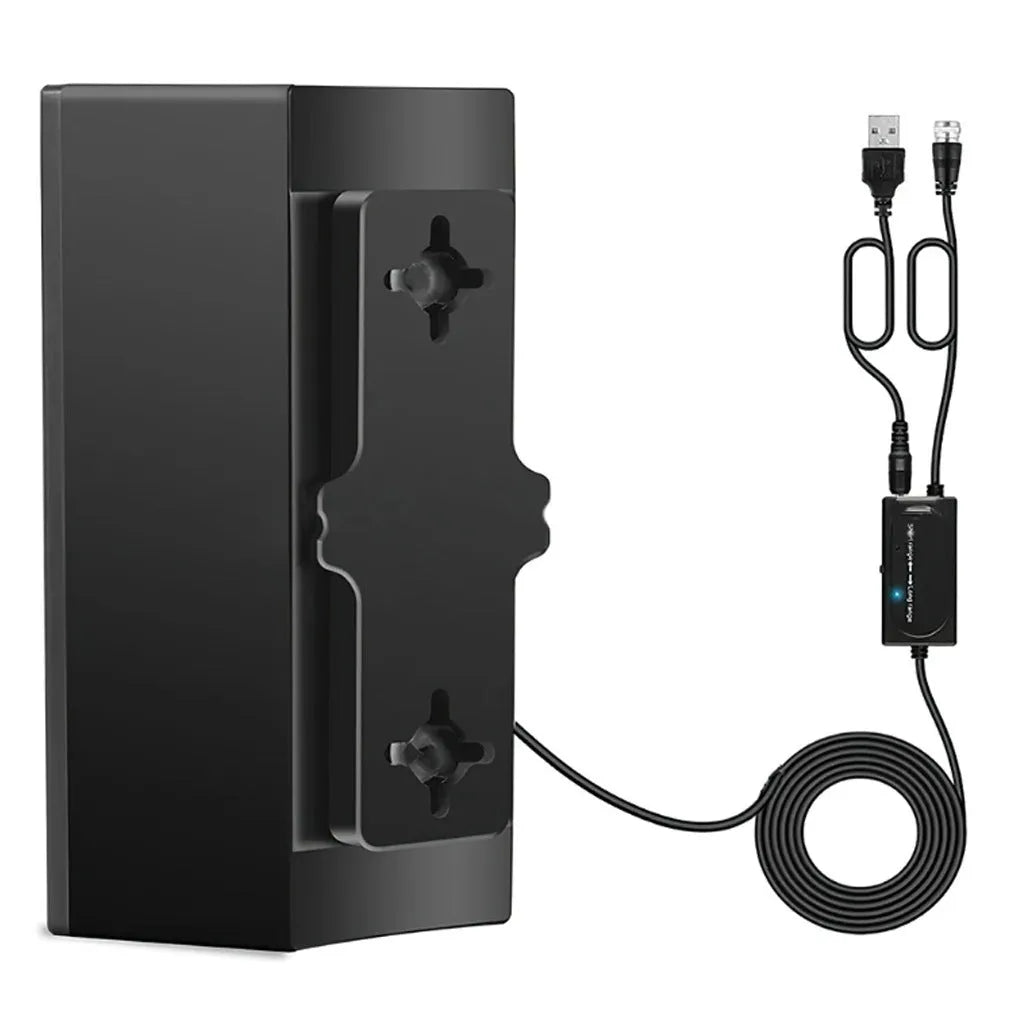 Black plastic digital HD television antenna with mounting screws, expansion tubes, cable ties, and adhesive tape.