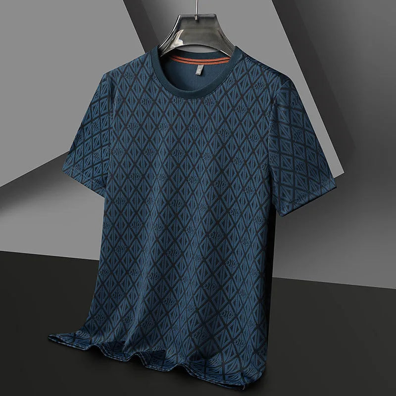 Man wearing a solid colour loose-fit Jacquard pattern short sleeve t-shirt for casual leisure.