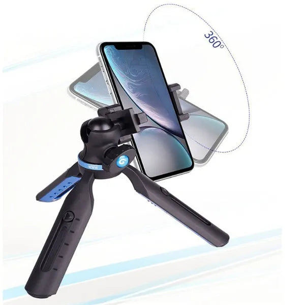 Black desktop mobile phone tripod stand with aluminium alloy legs and a plastic lazy bracket holder.