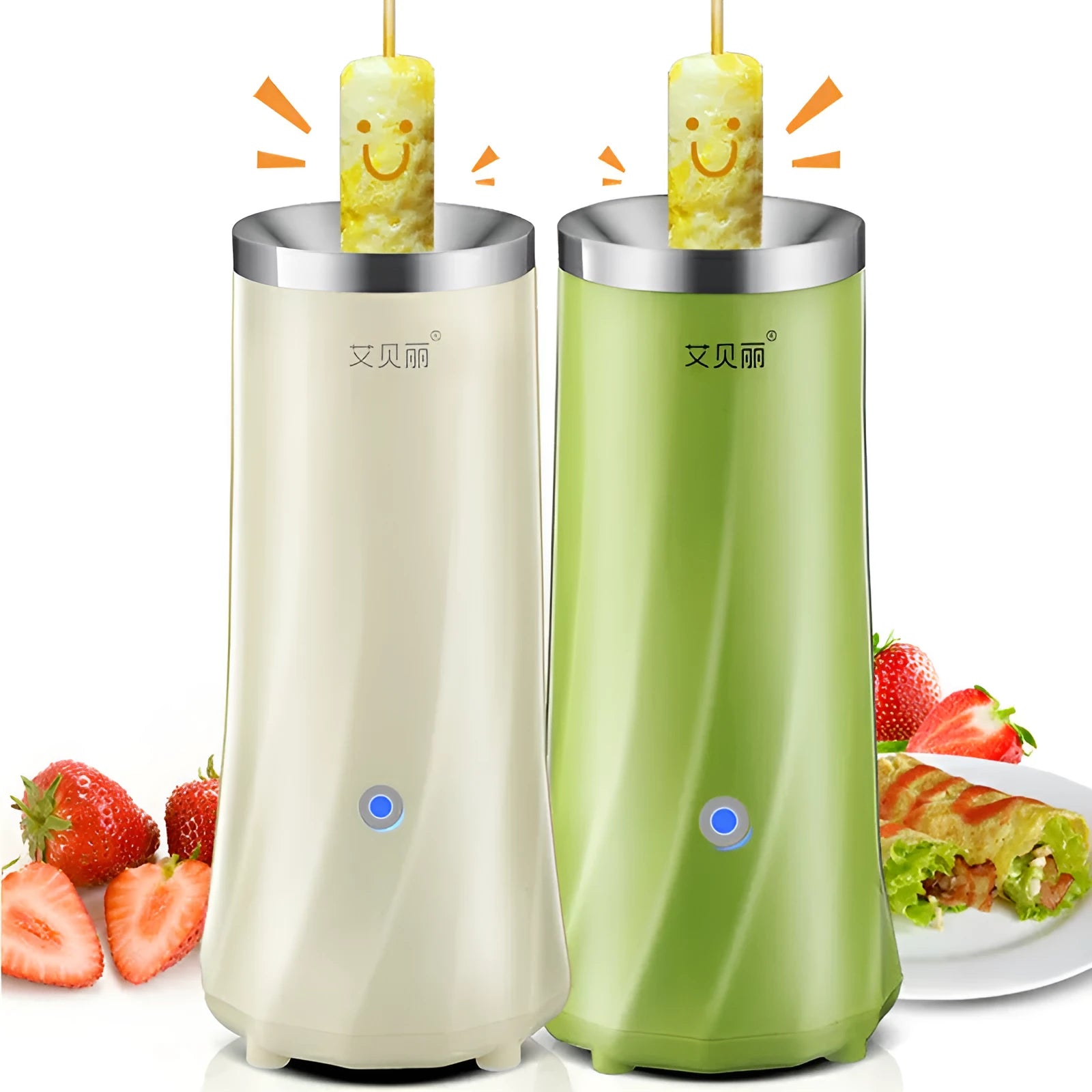 Beige white and green compact automatic mini breakfast machine on a kitchen counter.