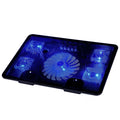 Naju N5 ultra-thin black notebook cooler with 1 large 14.5cm fan and 4 small 5.5cm fans, iron mesh panel, 38cm x 26cm x 2.3cm.