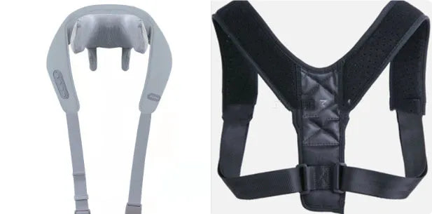 Grey elastic fabric neck and back massager with USB charging port and infrared function