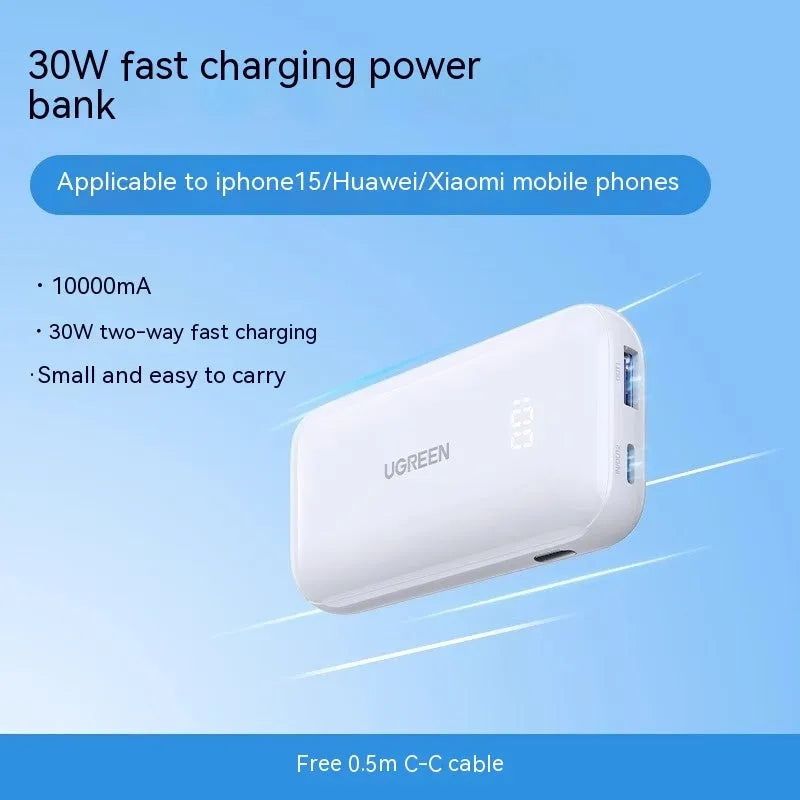 30W Fast Charge 10000 mAh power bank in Cloud White with plastic shell, showing USB-C and USB-A ports, compact size