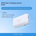 30W Fast Charge 10000 mAh power bank in Cloud White with plastic shell, showing USB-C and USB-A ports, compact size