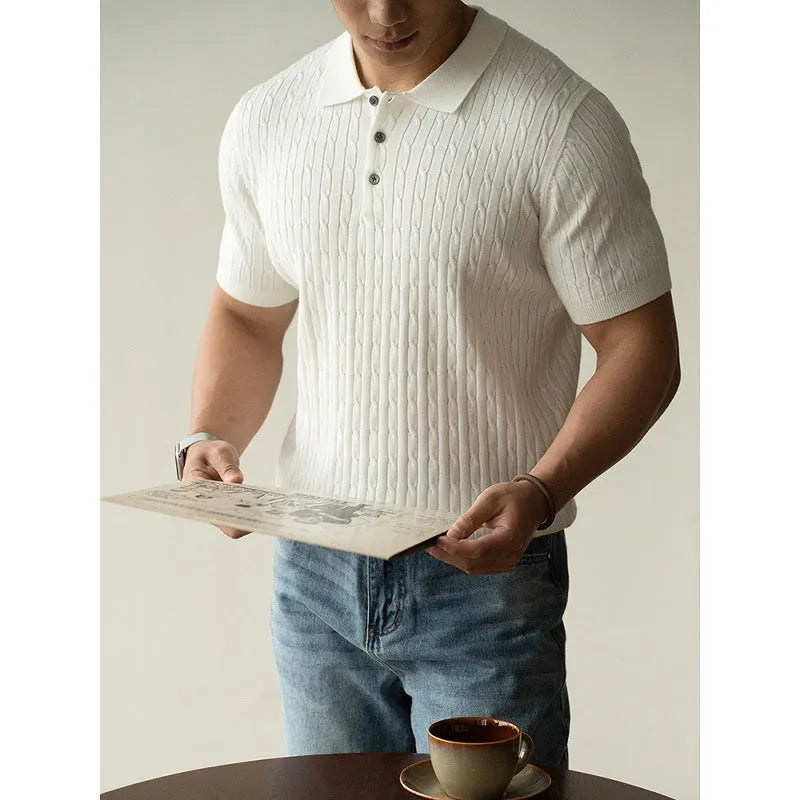 Men's khaki short-sleeve blend-fabric top for business casual and commute wear.