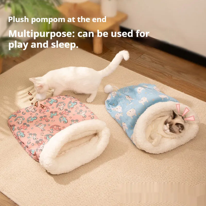 Flannel cat sleeping bag nest bed measuring 50x40cm with soft cotton interior in blue rabbit pattern