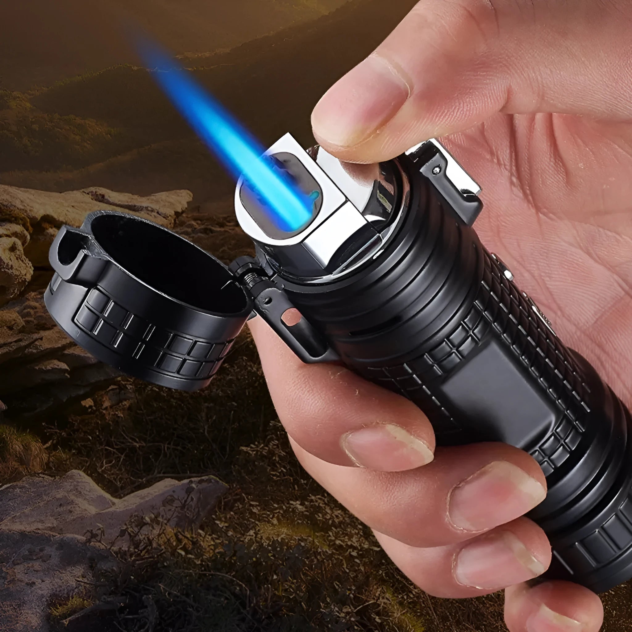 TH727 multi-functional waterproof metal flashlight lighter in camouflage, red, black, blue, or yellow colour