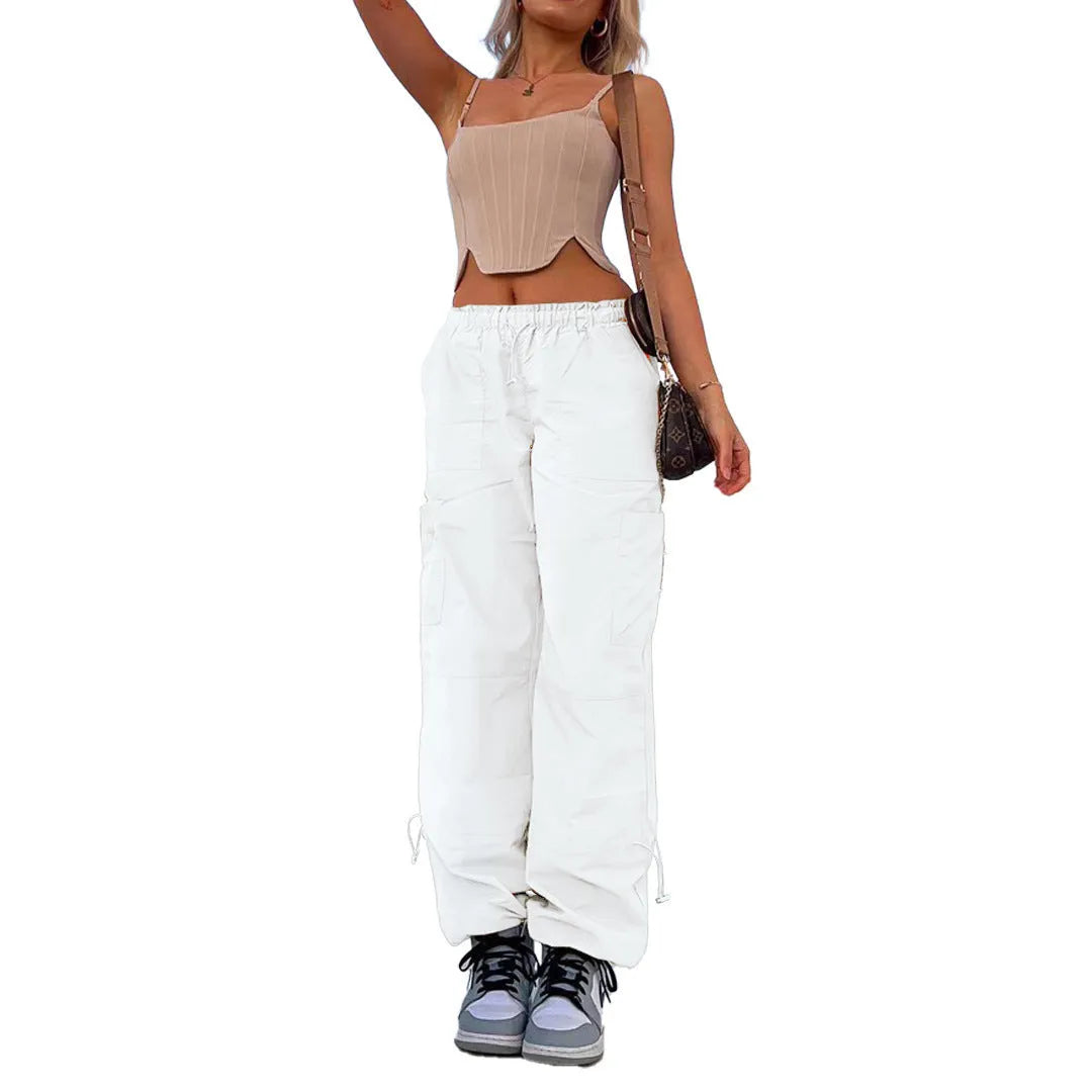 Straight-leg loose fit cargo casual pants in multiple colours on a mannequin, showing utility pockets.