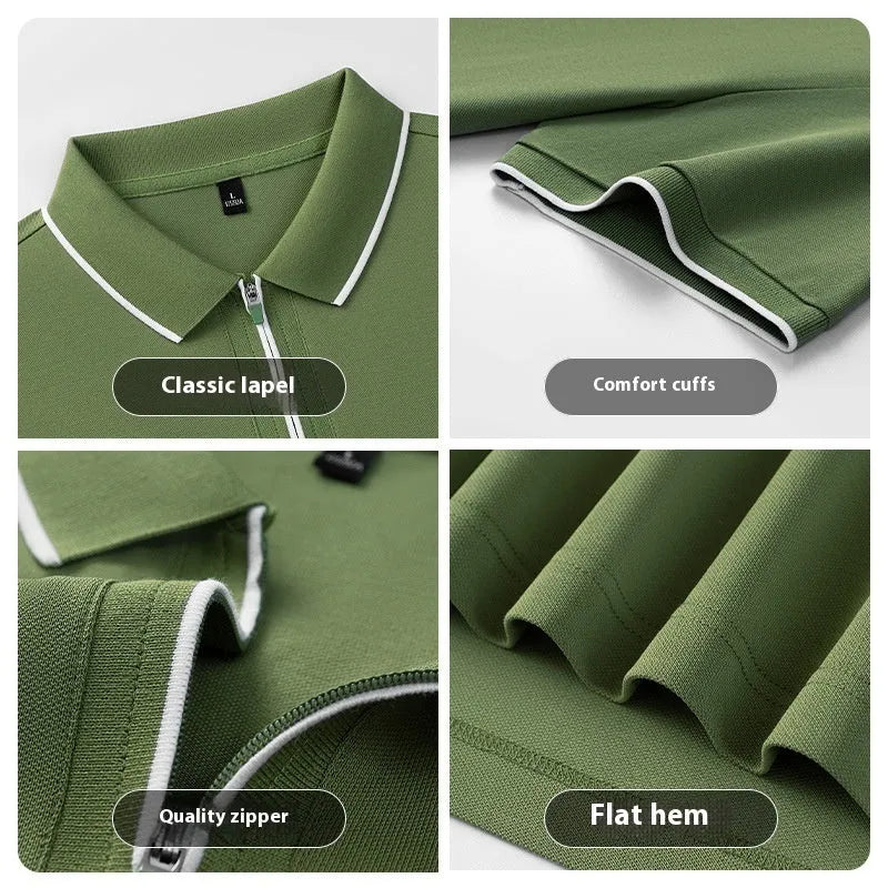 Men's solid colour short sleeve polo shirt with a front zipper, shown in graphite grey.