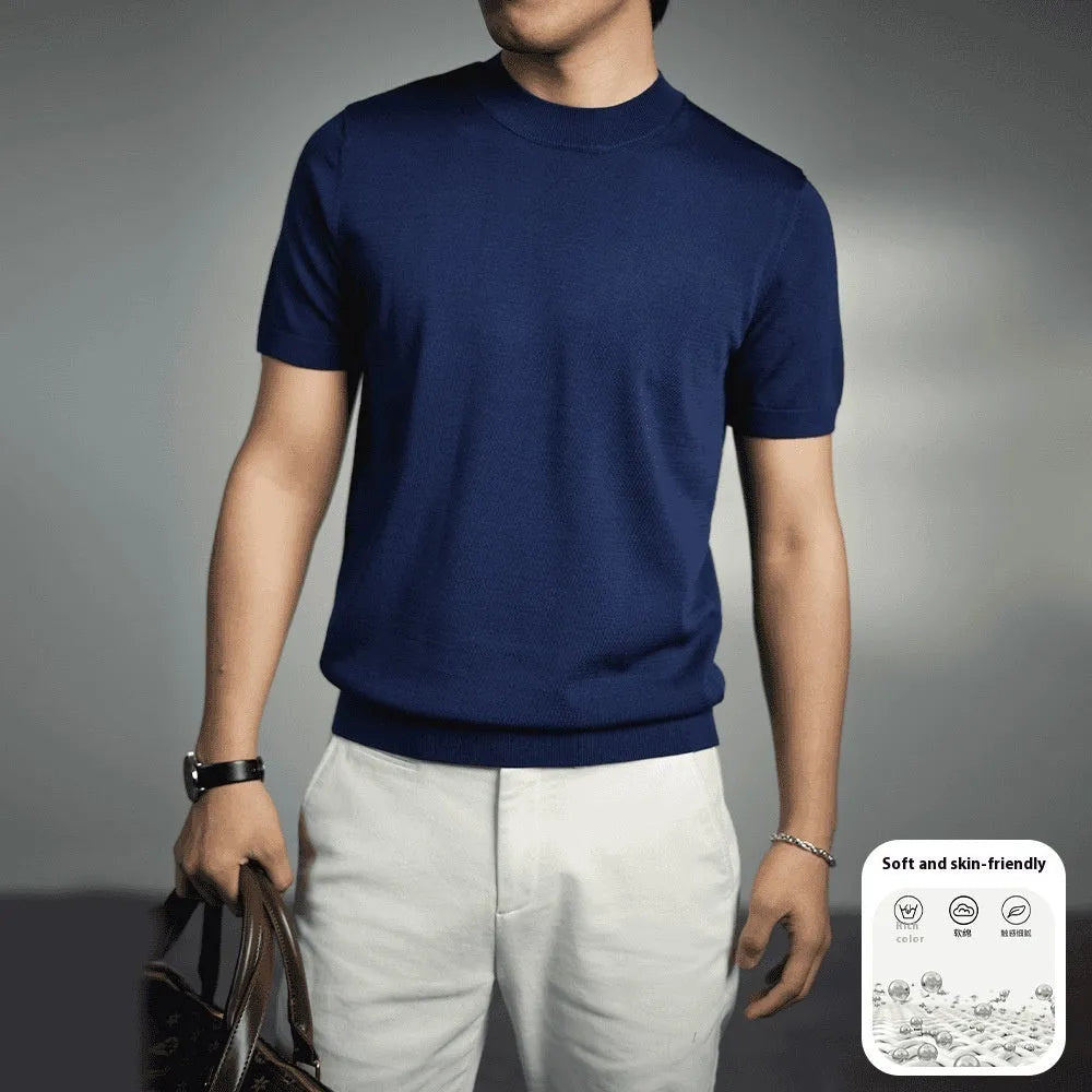 Men's silver grey knitted round neck t-shirt with short sleeves on a hanger.