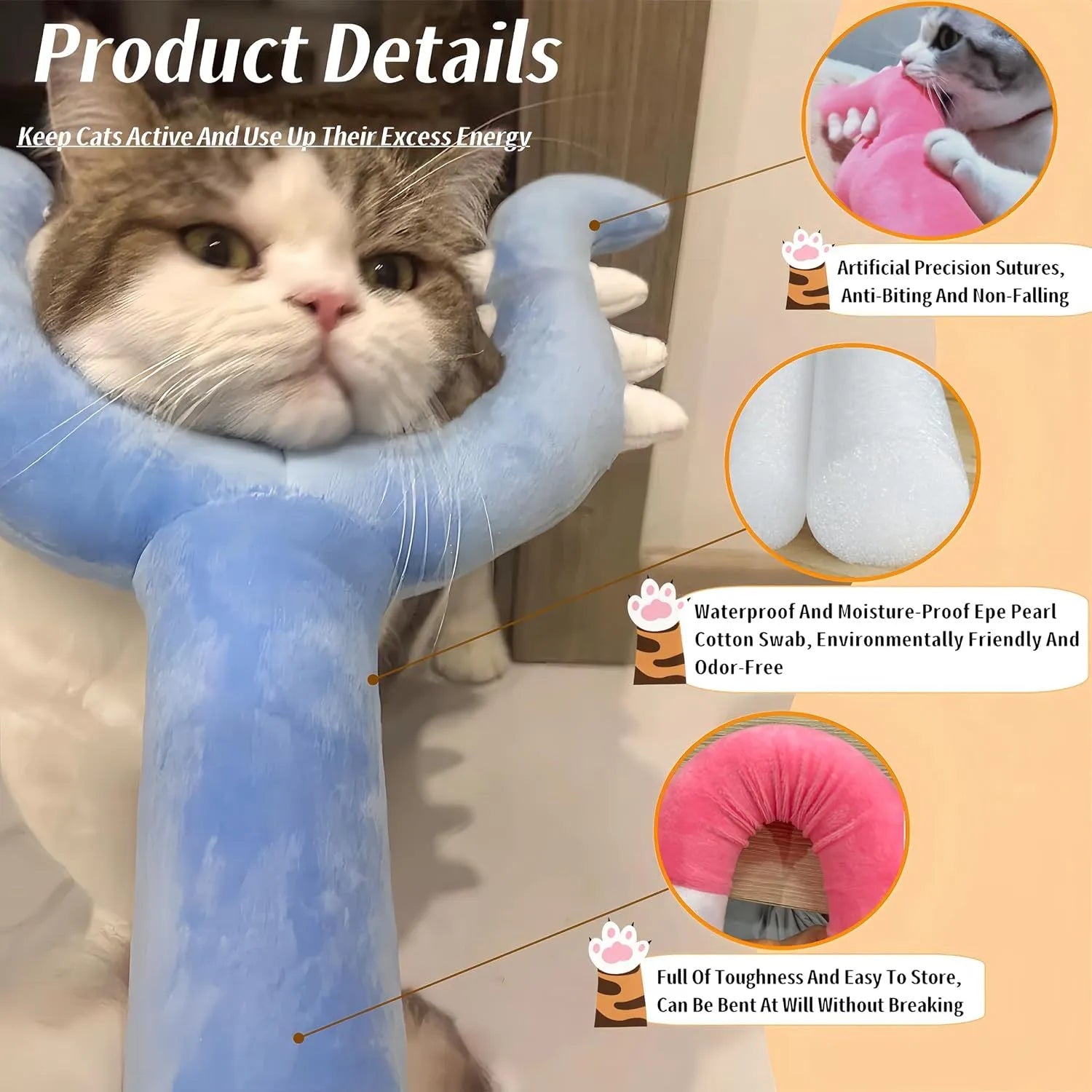 Blue plush cat wand toy with 70cm shaft and foam-filled head for interactive play