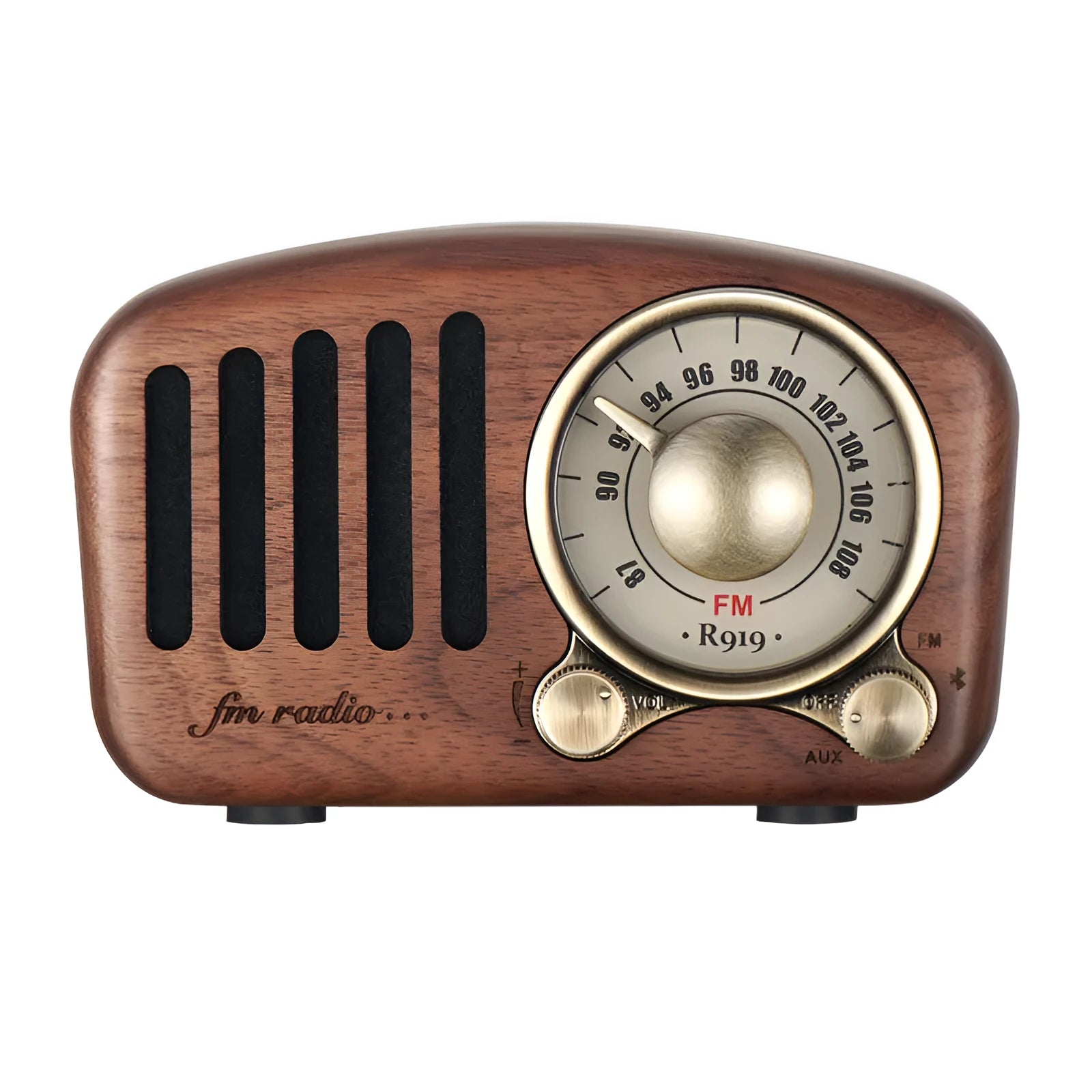 Retro wooden mini Bluetooth speaker in walnut finish showing front grille and side USB port