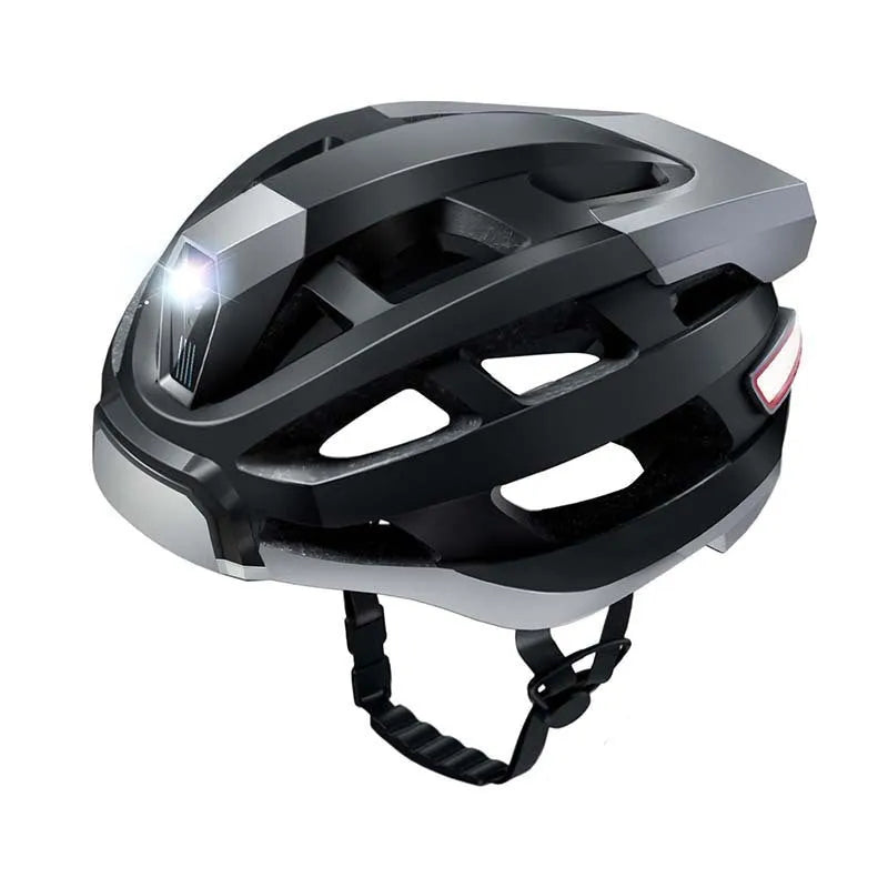 Black and grey adult cycling smart helmet with integrated red LED safety light on the rear.