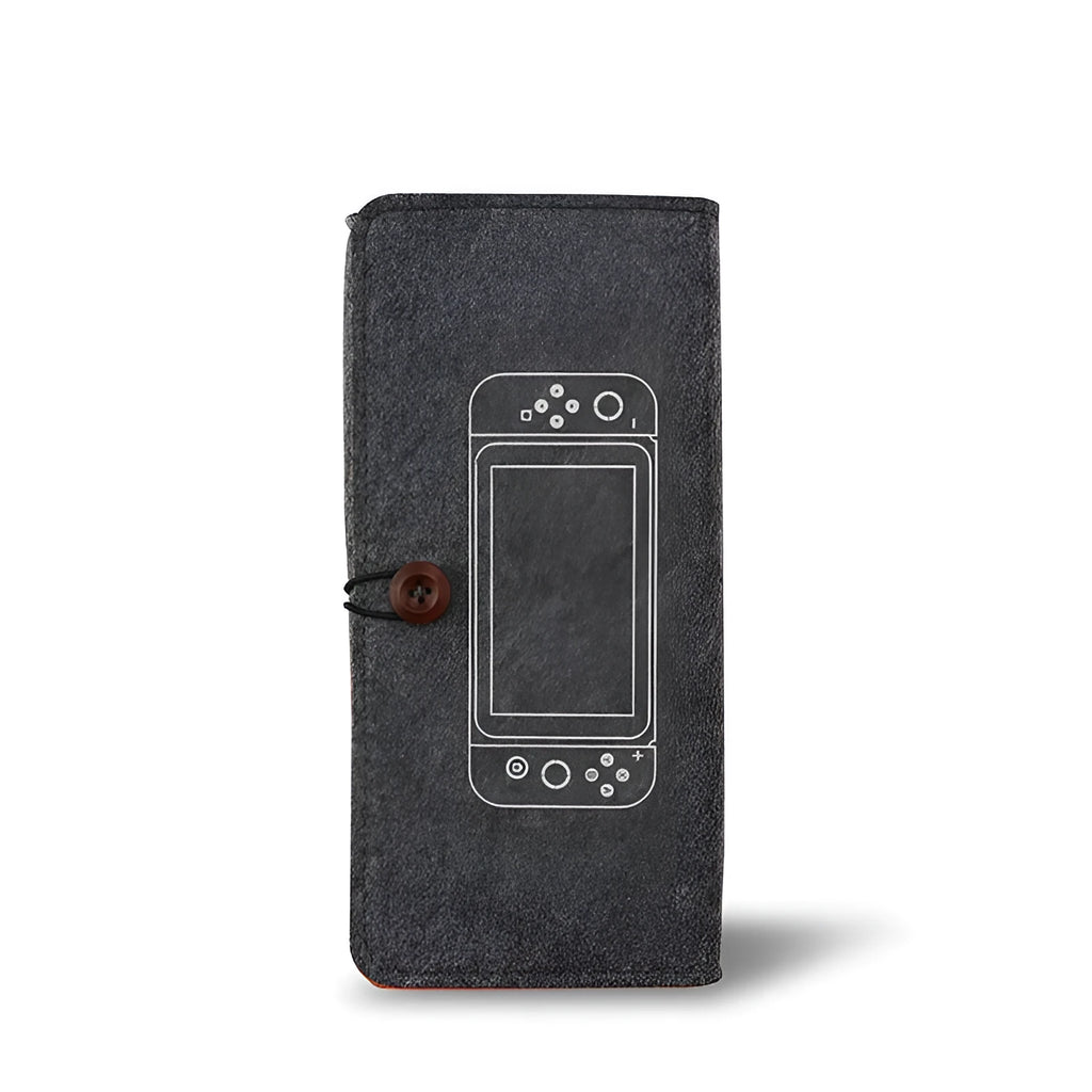 Black felt pouch for Nintendo Switch open to show console compartment and 5 game card slots.