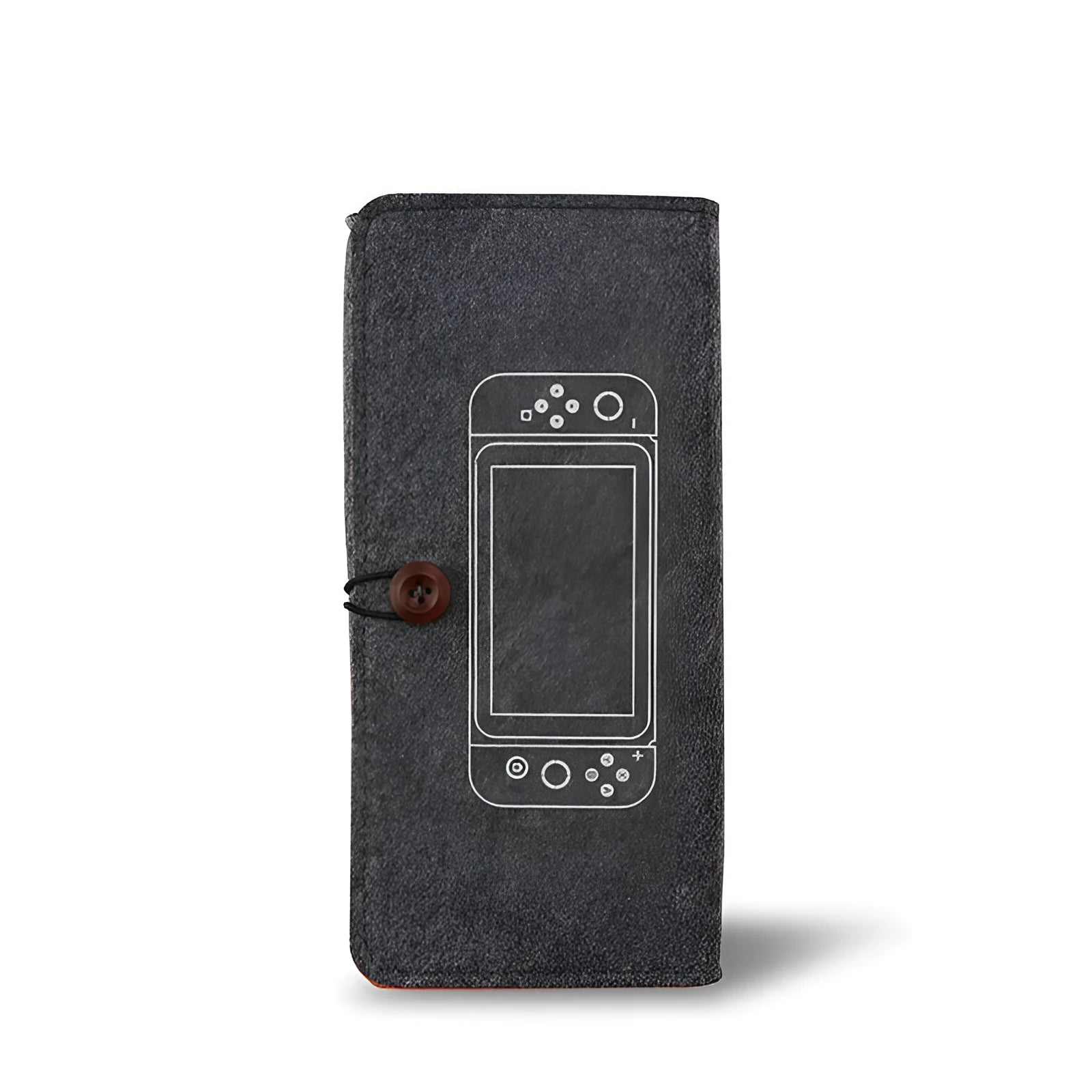 Black felt pouch for Nintendo Switch open to show console compartment and 5 game card slots.