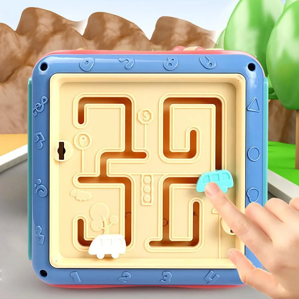 Colourful hexahedron educational toy showing bead maze, gear connections, and clock learning activities
