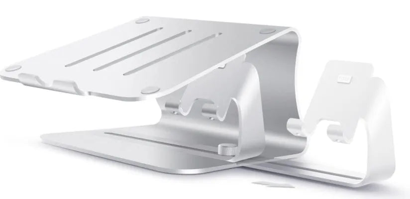 Silver desktop lazy bracket 26x24.3x19cm on a desk holding a tablet
