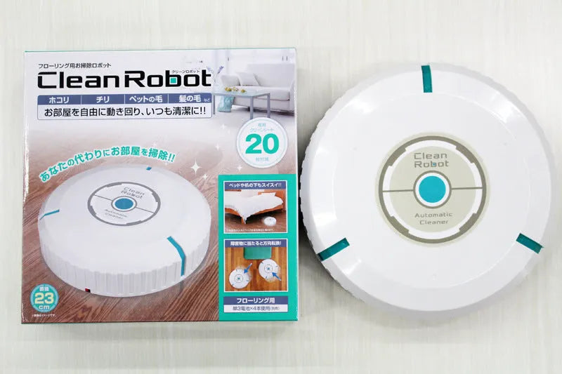 Black and white compact AC automatic sweeping robot vacuum cleaner on a wooden floor.