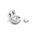 M18 true wireless stereo headset in black and white colour options showing earpieces and charging case