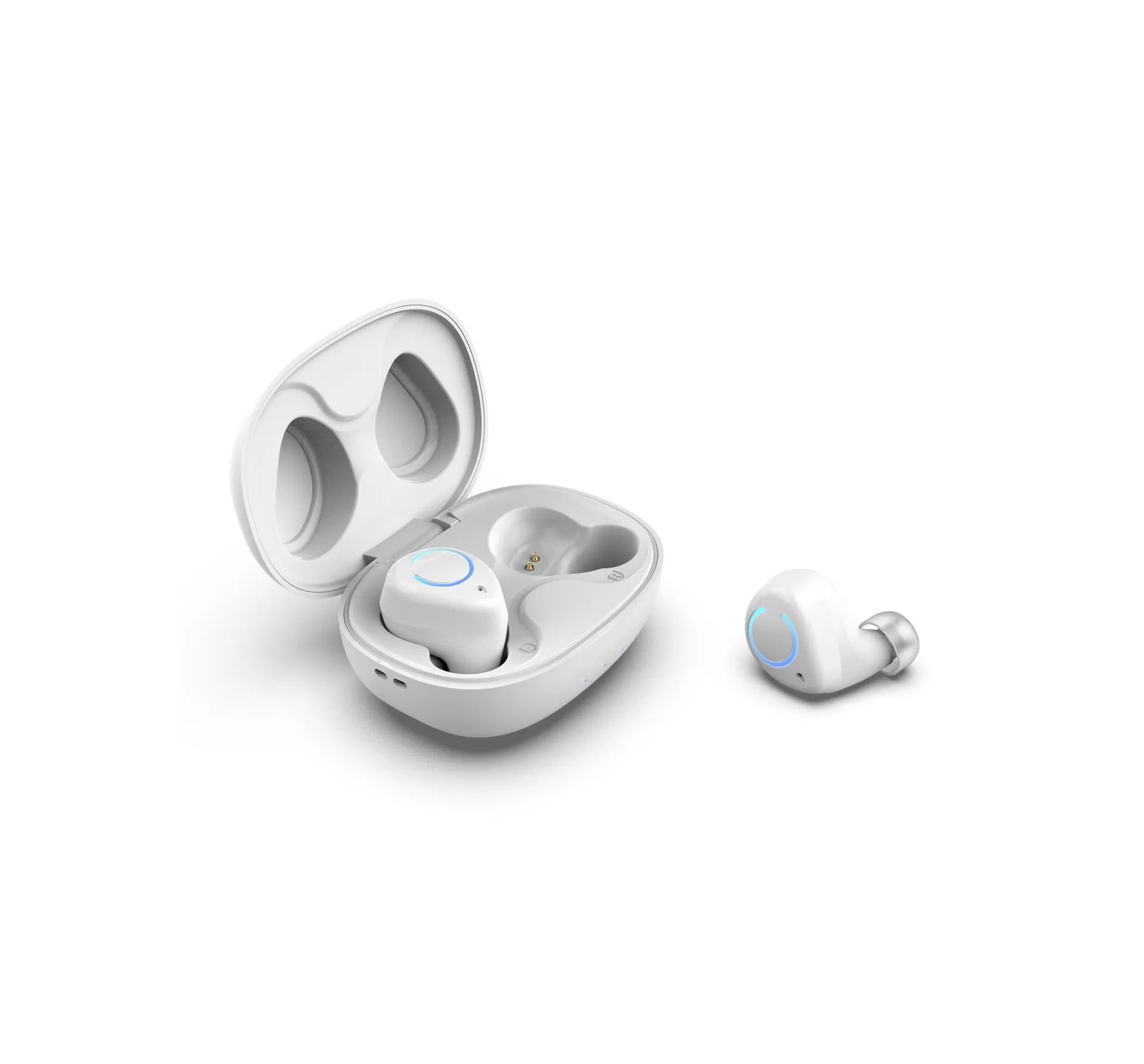 M18 true wireless stereo headset in black and white colour options showing earpieces and charging case