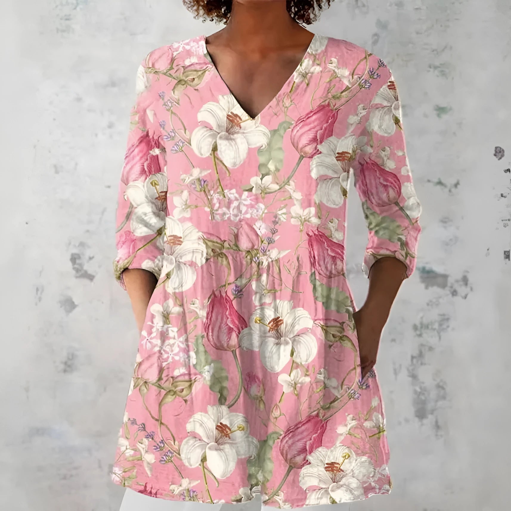 Women's retro-style slim fit long-sleeved top with a colourful digital print pattern.