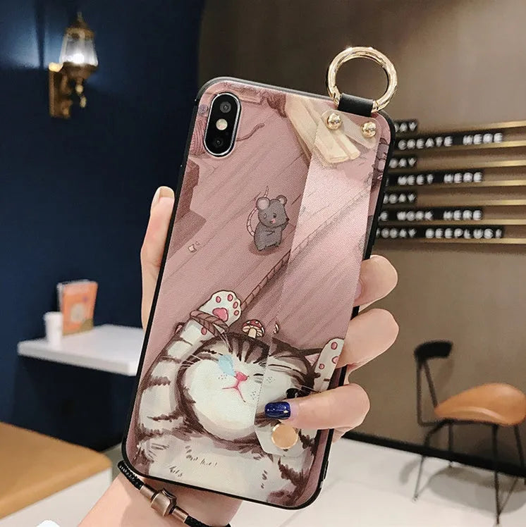 Rose flower printed wrist strap phone case for Apple iPhone with a built-in lanyard loop.