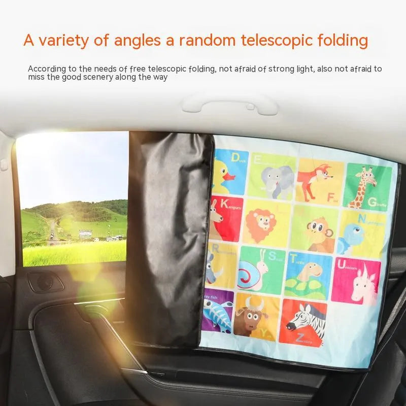 Automatic retractable car sunshade with magnetic fixing showing cartoon animal letters design