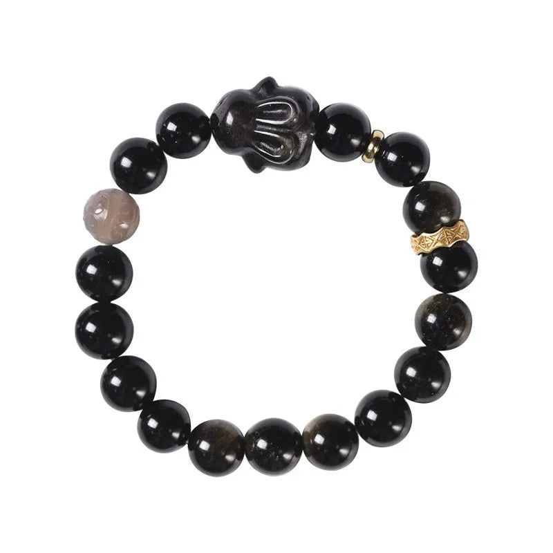 Handmade national style bracelet with a lying rabbit Jin Yaoshi charm and gray agate beads.