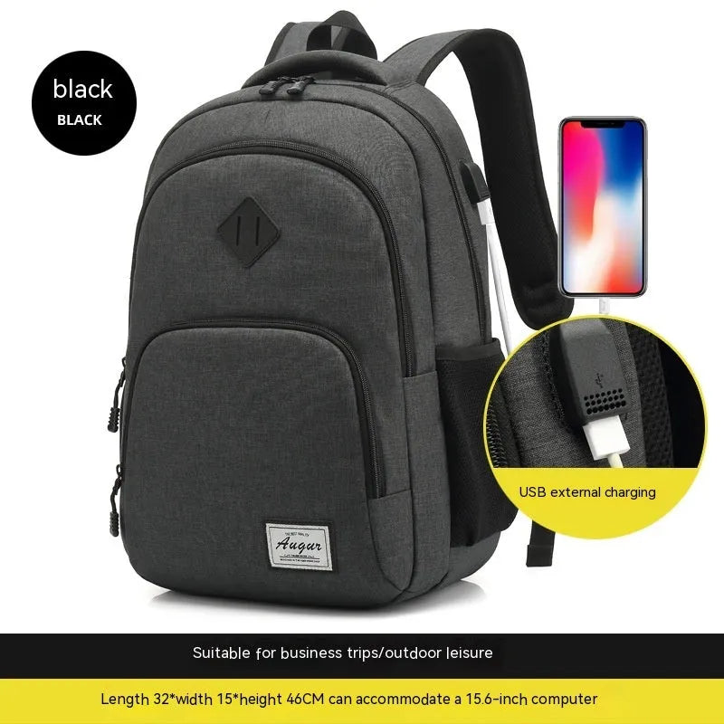 Grey lightweight nylon USB charging backpack with trolley sleeve, shown next to a phone and power bank.
